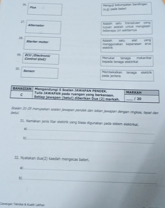 Menguji ketumpatan bandingan 
Fiurs 
(s.g) pada bateri 
27. 
Adalah satu transiduser yan 
Alternator 
tujuan adalah untuk mengesan 
beberaça ciri sekitamya 
218. 
Starter motor Adallah satu allait yang 
menggunakan kepanasan arus 
elektrik 
99. ECU (Electronic 
Menukar tenaça mekanikal 
Control Unit) kepada tenaga elektrikai 
30. Sensor 
Membekaïkan tenaga elektrik 
pada jentera 
Soalan 31-35 merupakan soalan jawapan pendek dan isikan jawapan dengan ringkas, tepat dan 
betul. 
31. Namakan jenis litar elektrik yang biasa digunakan pada sistem elektrikal. 
a)._ 
b)._ 
32. Nyatakan dua(2) kaedah mengecas bateri, 
a)._ 
b)._ 
Cawangan Teknikai & Kuaīt) Latīhan