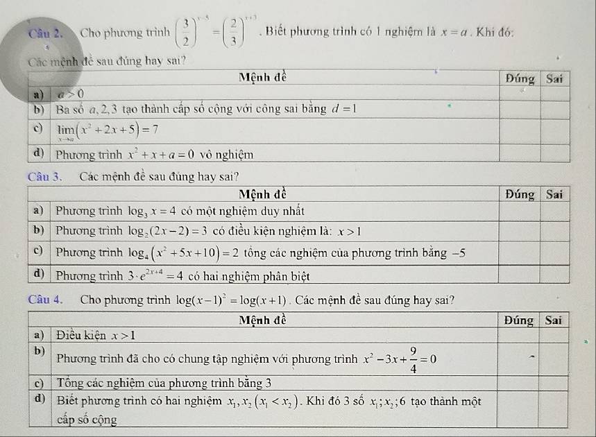 Cho phương trình ( 3/2 )^x-5=( 2/3 )^x+3. Biết phương trình có 1 nghiệm là x=a. Khi đó:
Câu 4. Cho phương trình log (x-1)^2=log (x+1) Các mệnh đề sau đúng hay sai?