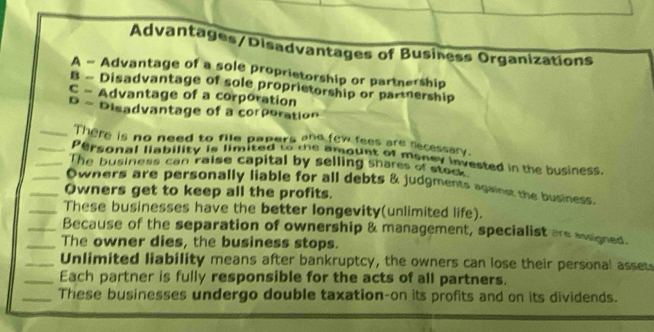 Advantages/Disadvantages of Business Organizations
A - Advantage of a sole proprietorship or partnership
B - Disadvantage of sole proprietorship or partnership
C - Advantage of a corporation
D - Disadvantage of a corporation
_There is no need to file papers ane few fees are necessary.
_Personal liability is limitaital by sellieunt of maney invested in the business.
_The business can raise capital by selling shares of stee"
_Owners are personally liable for all debts & judgments against the business.
_Owners get to keep all the profits.
_These businesses have the better longevity(unlimited life).
_Because of the separation of ownership & management, specialist are swigned.
_The owner dies, the business stops.
_Unlimited liability means after bankruptcy, the owners can lose their personal assets
_Each partner is fully responsible for the acts of all partners.
_These businesses undergo double taxation-on its profits and on its dividends.