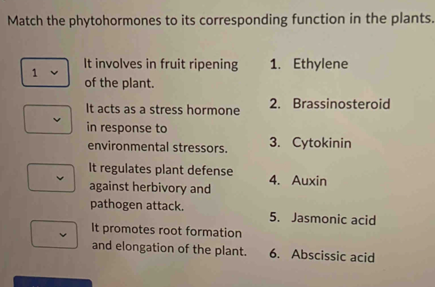 Match the phytohormones to its corresponding function in the plants.
It involves in fruit ripening 1. Ethylene
1
of the plant.
It acts as a stress hormone 2. Brassinosteroid
J in response to
environmental stressors. 3. Cytokinin
It regulates plant defense 4. Auxin
against herbivory and
pathogen attack.
5. Jasmonic acid
It promotes root formation
and elongation of the plant. 6. Abscissic acid