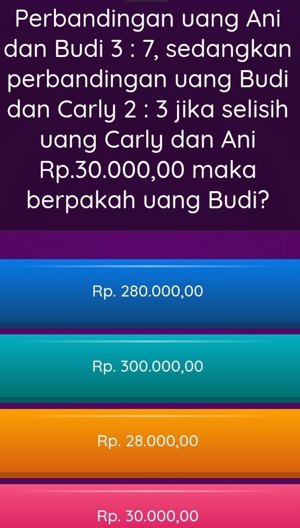 Perbandingan vang Ani
dan Budi 3:7 , sedangkan
perbandingan uang Budi
dan Carly 2:3 jika selisih
uang Carly dan Ani
Rp.30.000,00 maka
berpakah uang Budi?
Rp. 280.000,00
Rp. 300.000,00
Rp. 28.000,00
Rp. 30.000,00