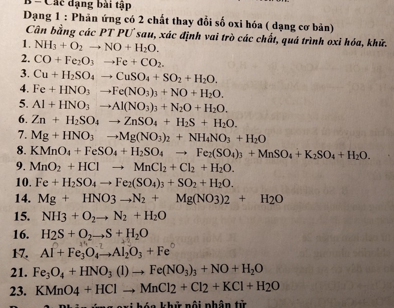 Các đạng bài tập
Dạng 1 : Phản ứng có 2 chất thay đổi số oxi hóa ( dạng cơ bản)
Câần bằng c dc PT PƯ sau, xác định vai trò các chất, quá trình oxi hóa, khử.
1. NH_3+O_2to NO+H_2O.
2. CO+Fe_2O_3to Fe+CO_2.
3. Cu+H_2SO_4to CuSO_4+SO_2+H_2O.
4. Fe+HNO_3to Fe(NO_3)_3+NO+H_2O.
5. Al+HNO_3to Al(NO_3)_3+N_2O+H_2O.
6. Zn+H_2SO_4to ZnSO_4+H_2S+H_2O.
7. Mg+HNO_3to Mg(NO_3)_2+NH_4NO_3+H_2O
8. KMnO_4+FeSO_4+H_2SO_4to Fe_2(SO_4)_3+MnSO_4+K_2SO_4+H_2O.
9. MnO_2+HClto MnCl_2+Cl_2+H_2O.
10. Fe+H_2SO_4to Fe_2(SO_4)_3+SO_2+H_2O.
14. Mg+HNO3to N_2+Mg(NO3)2+H_2O
15. NH3+O_2to N_2+H_2O
16. H_2S+O_2to S+H_2O
17. Al+Fe_3O_4to Al_2O_3+Fe°
21. Fe_3O_4+HNO_3(l)to Fe(NO_3)_3+NO+H_2O
23. KMnO4+HClto MnCl2+Cl2+KCl+H_2O
n  a   h ứ n ội phân tử