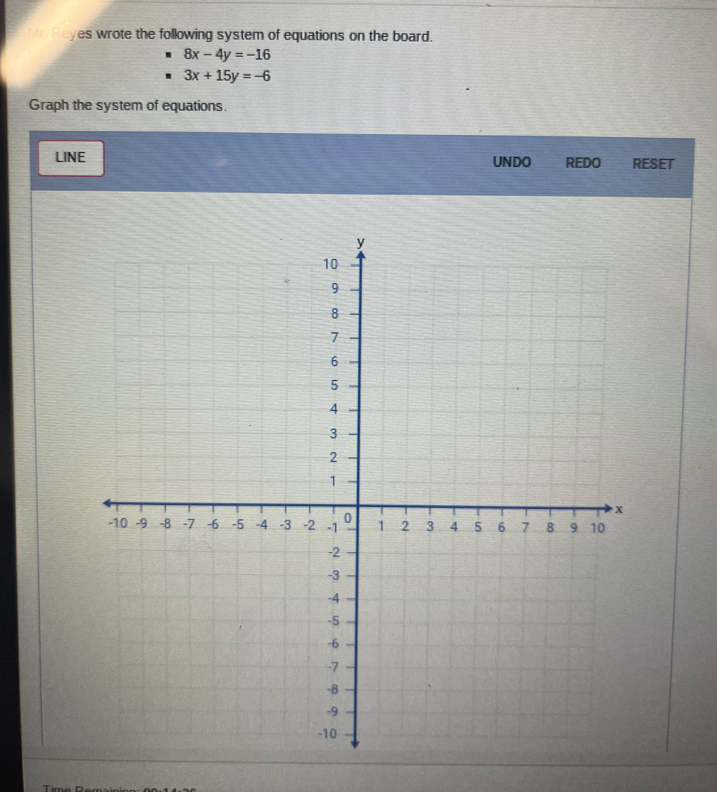 Reyes wrote the following system of equations on the board.
8x-4y=-16
3x+15y=-6
Graph the system of equations.
LINE UNDO REDO RESET