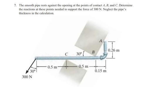 The smooth pipe rests against the opening at the points of contact A, B, and C. Determine
the reactions at these points needed to support the force of 300 N. Neglect the pipe’s
thickness in the calculation.