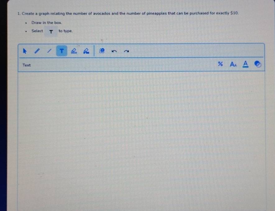 Create a graph relating the number of avocados and the number of pineapples that can be purchased for exactly $10. 
Draw in the box 
Select to type. 
T 
Text