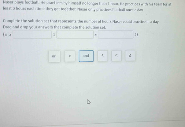 Naser plays football. He practices by himself no longer than 1 hour. He practices with his team for at 
least 3 hours each time they get together. Naser only practices football once a day. 
Complete the solution set that represents the number of hours Naser could practice in a day. 
Drag and drop your answers that complete the solution set.
 x|x□ 1□ x□ 3
or > and < 2
