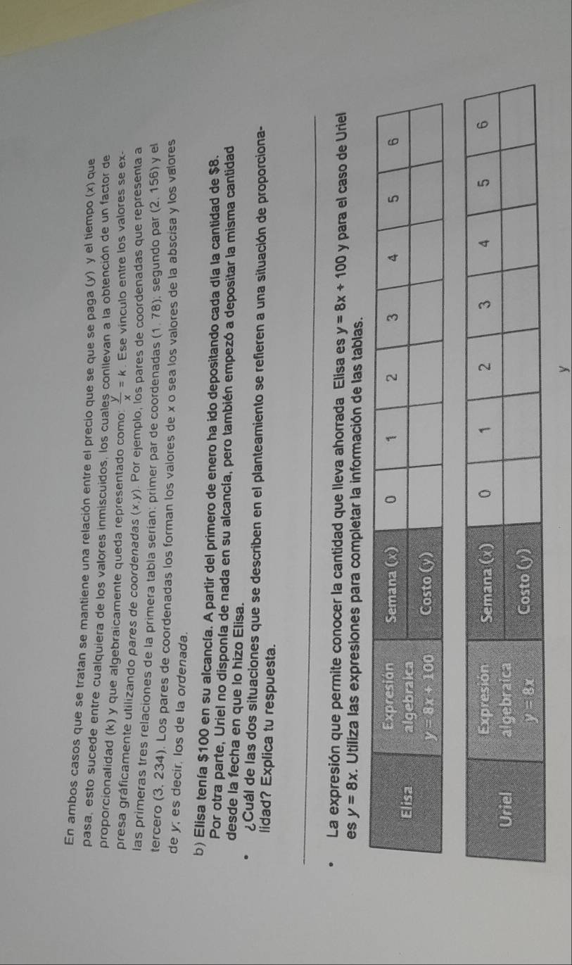En ambos casos que se tratan se mantiene una relación entre el precio que se que se paga (y) y el tiempo (x) que
pasa, esto sucede entre cualquiera de los valores inmiscuidos, los cuales conllevan a la obtención de un factor de
proporcionalidad (k) y que algebraicamente queda representado como:  y/x =k. Ese vinculo entre los valores se ex-
presa gráficamente utilizando pares de coordenadas (x,y). Por ejemplo, los pares de coordenadas que representa a
las primeras tres relaciones de la primera tabla serían: primer par de coordenadas (1,78) : segundo par (2,156) y el
tercero (3,234. Los pares de coordenadas los forman los valores de x o sea los valores de la abscisa y los valores
de y; es decir, los de la ordenada.
b) Elisa tenía $100 en su alcancía. A partir del primero de enero ha ido depositando cada día la cantidad de $8.
Por otra parte, Uriel no disponía de nada en su alcancía, pero también empezó a depositar la misma cantidad
desde la fecha en que lo hizo Elisa.
¿Cuál de las dos situaciones que se describen en el planteamiento se refieren a una situación de proporciona-
lidad? Explica tu respuesta.
La expresión que permite conocer la cantidad que lleva ahorrada Elisa es y=8x+100 y para el caso de Uriel
es y=8x. Utiliza las expresiones para completar la información de las tablas.
y