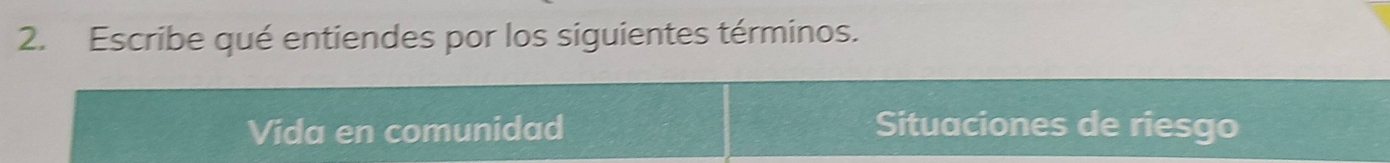 Escribe qué entiendes por los siguientes términos. 
Vida en comunidad Situaciones de riesgo