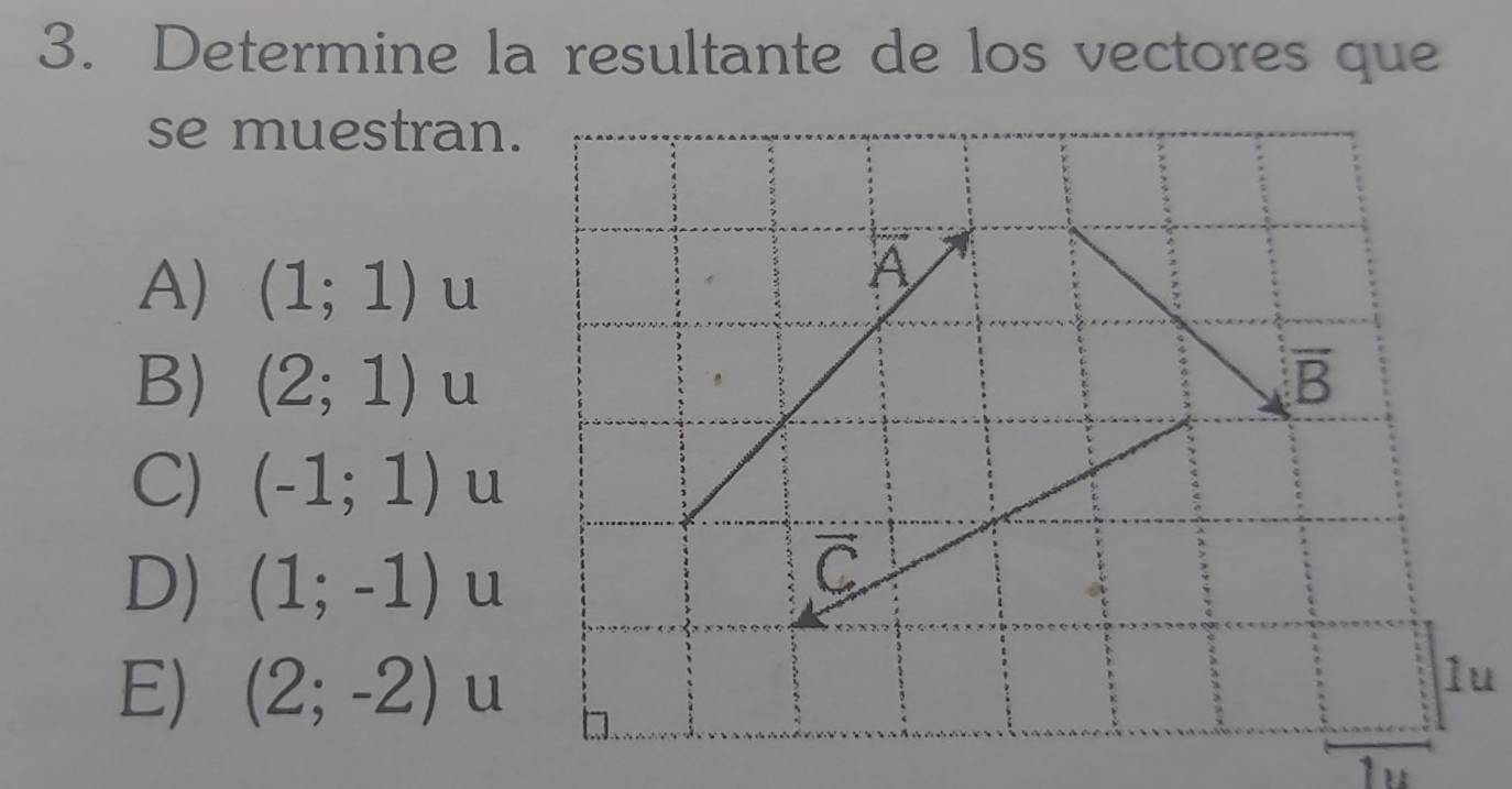 Determine la resultante de los vectores que
se muestran.
A) (1;1) u
B) (2;1) l
C) (-1;1) u
D) (1;-1) u
E) (2;-2) u
1u