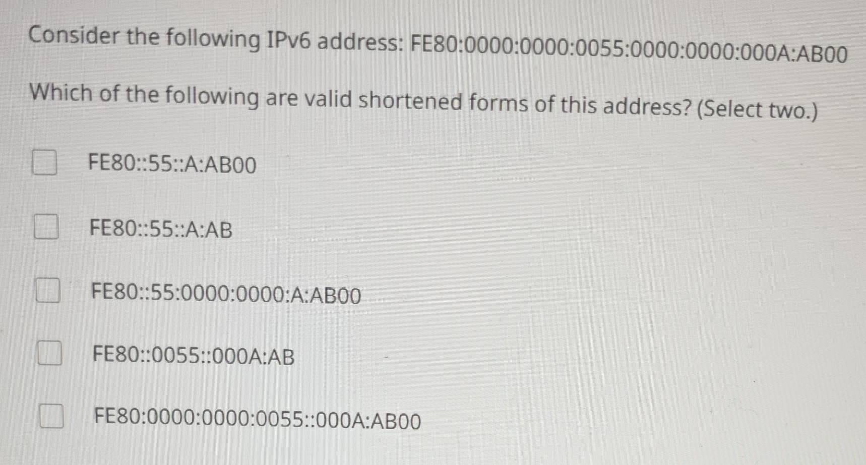 Solved: Consider the following IPv6 address: FE80 :80:0000:0000:0055 ...