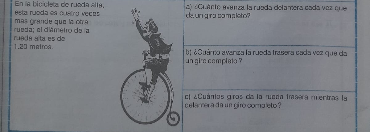 En la bicicleta de rueda alta, a) ¿Cuánto avanza la rueda delantera cada vez que 
esta rueda es cuatro vecesda un giro completo? 
mas grande que la otra 
rueda; el diámetro de la 
rueda alta es de
1.20 metros. 
b) ¿Cuánto avanza la rueda trasera cada vez que da 
un giro completo ? 
c) ¿Cuántos giros da la rueda trasera mientras la 
delantera da un giro completo ?