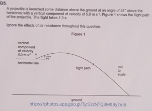 A projectile is launched some distance above the ground at an angle of 25° above the 
horizontal with a vertical component of velocity of 5.0ms^(-1)
of the projectle. The fight takes 1.3 s. Figure 1 shows the fight path 
Ignore the effects of air resistance throughout this question. 
Figure 1 
vertical component 
of velocity
5.0ms^(-1)
25°
horizontall line 
not 
flight path scale 
to 
https://photos.app.goo.gl/TyrEszNTQ3MKBy7m6 ground