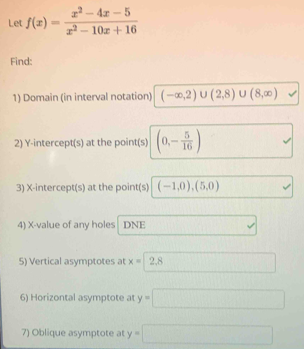 Let f(x)= (x^2-4x-5)/x^2-10x+16 
Find: 
1) Domain (in interval notation) (-∈fty ,2)∪ (2,8)∪ (8,∈fty )
2) Y-intercept(s) at the point(s) (0,- 5/16 )
3) X-intercept(s) at the point(s) (-1,0),(5,0)
4) X -value of any holes DNE surd  
5) Vertical asymptotes at x=2 .8
□ 
6) Horizontal asymptote at y=□
7) Oblique asymptote at y=□