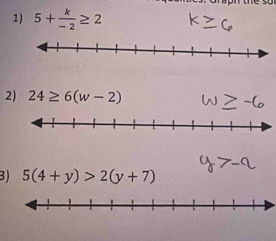 5+ k/-2 ≥ 2
2) 24≥ 6(w-2)
3) 5(4+y)>2(y+7)