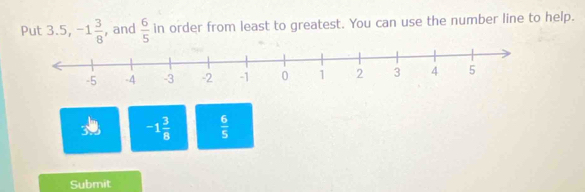 Put 3.5, -1 3/8  , and  6/5  in order from least to greatest. You can use the number line to help.
3 -1 3/8   6/5 
Submit