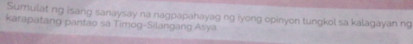 Sumulat ng isang sanaysay na nagpapahayag ng iyong opinyon tungkol sa kalagayan ng 
karapatang pantao sa Timog-Silangang Asya