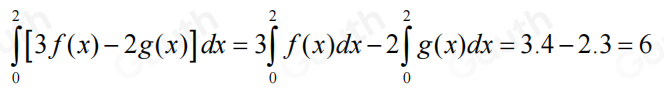 ∈tlimits _0^2[3f(x)-2g(x)]dx=3∈tlimits _0^2f(x)dx-2∈tlimits _0^2g(x)dx=3.4-2.3=6