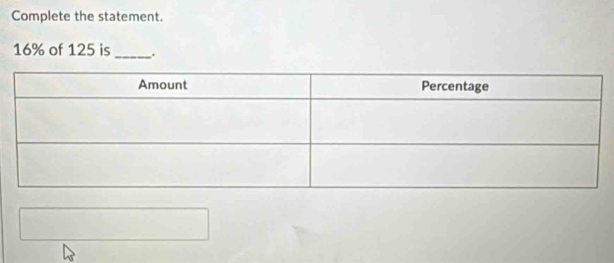 Complete the statement.
16% of 125 is _.