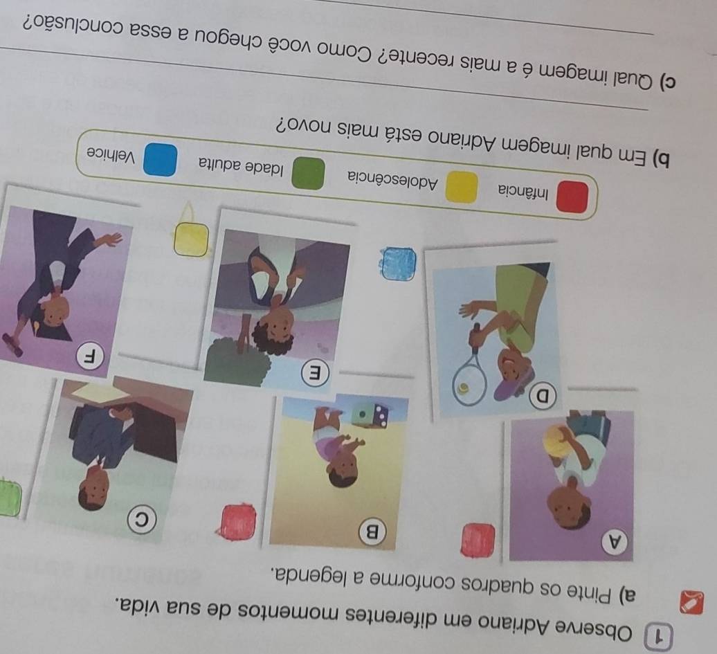 Observe Adriano em diferentes momentos de sua vida. 
a) Pinte os quadros conforme a legenda. 
C 
D 
E 
F 
Infância Adolescência Idade adulta Velhice 
_ 
b) Em qual imagem Adriano está mais novo? 
c) Qual imagem é a mais recente? Como você chegou a essa conclusão?