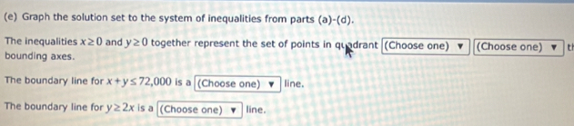 Graph the solution set to the system of inequalities from parts (a)-(d). 
The inequalities x≥ 0 and y≥ 0 together represent the set of points in quadrant (Choose one) (Choose one) 
bounding axes. 
The boundary line for x+y≤ 72,000 is a (Choose one) line. 
The boundary line for y≥ 2x is a (Choose one) line.