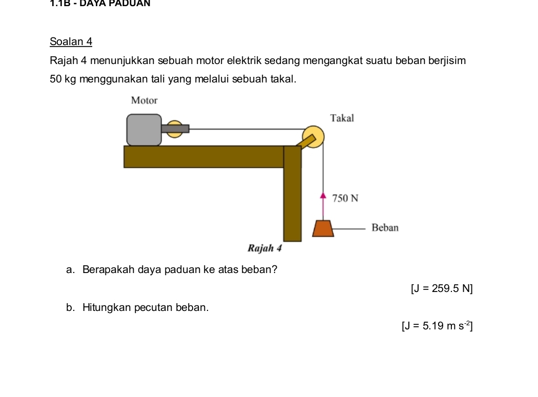 1.1B - DAYA PADUAN 
Soalan 4 
Rajah 4 menunjukkan sebuah motor elektrik sedang mengangkat suatu beban berjisim
50 kg menggunakan tali yang melalui sebuah takal. 
a. Berapakah daya paduan ke atas beban?
[J=259.5N]
b. Hitungkan pecutan beban.
[J=5.19ms^(-2)]