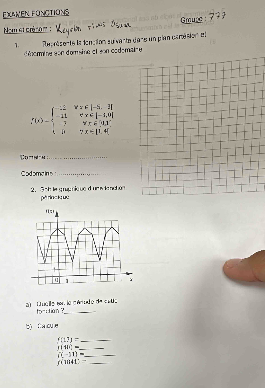 EXAMEN FONCTIONS
Groupe :
Nom et prénom :
1. Représente la fonction suivante dans un plan cartésien et
détermine son domaine et son codomaine
f(x)=beginarrayl -12forall x∈ [-5,-3] -11forall x∈ [-3,0] -7forall x∈ [0,1] 0forall x∈ [1,4]endarray.
Domaine :_
Codomaine :_
2. Soit le graphique d'une fonction
périodique
a) Quelle est la période de cette
fonction ?_
b) Calcule
_ f(17)=
f(40)= _
_ f(-11)=
f(1841)= _