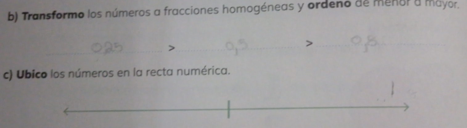 Transformo los números a fracciones homogéneas y ordeno ae menor a mayor. 
c) Ubico los números en la recta numérica.