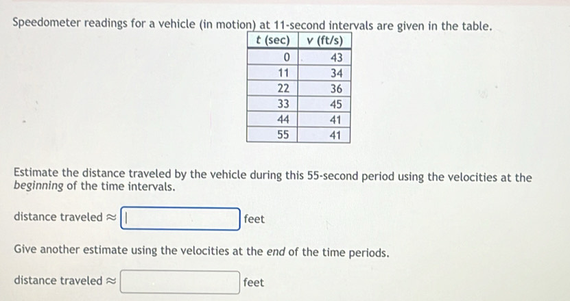 Speedometer readings for a vehicle (in motion) at 11-second intervals are given in the table.
Estimate the distance traveled by the vehicle during this 55-second period using the velocities at the
beginning of the time intervals.
distance traveled approx □ feet
Give another estimate using the velocities at the end of the time periods.
distance traveled □ ree
e e