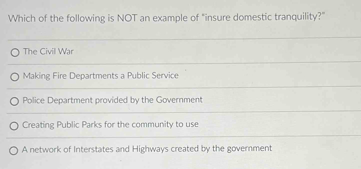 Which of the following is NOT an example of “insure domestic tranquility?”
The Civil War
Making Fire Departments a Public Service
Police Department provided by the Government
Creating Public Parks for the community to use
A network of Interstates and Highways created by the government