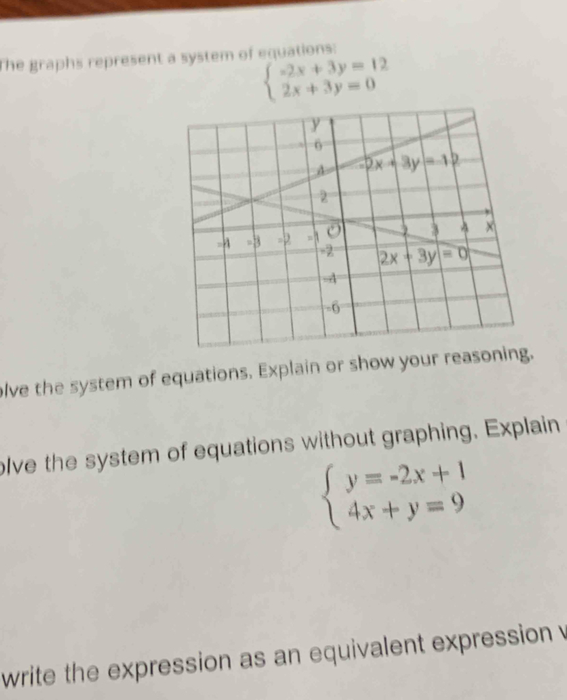 The graphs represent a system of equations:
beginarrayl -2x+3y=12 2x+3y=0endarray.
olve the system of equations. Explain or show your reasonin
olve the system of equations without graphing. Explain
beginarrayl y=-2x+1 4x+y=9endarray.
write the expression as an equivalent expression v