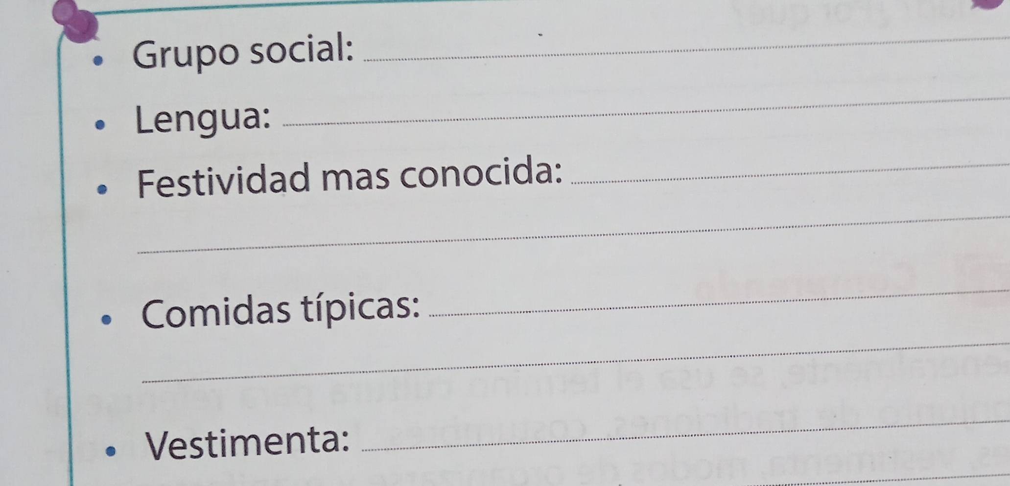 Grupo social: 
_ 
Lengua: 
_ 
_ 
Festividad mas conocida:_ 
_ 
Comidas típicas: 
_ 
Vestimenta: 
_ 
_