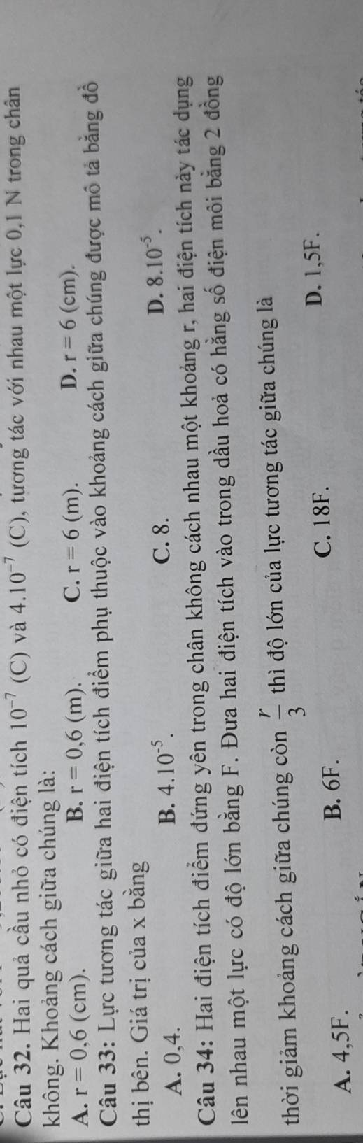 Hai quả cầu nhỏ có điện tích 10^(-7) (C) và 4.10^(-7)(C) 0, tương tác với nhau một lực 0,1 N trong chân
không. Khoảng cách giữa chúng là:
B.
C.
D.
A. r=0,6(cm). r=0,6(m). r=6(m). r=6(cm). 
Câu 33: Lực tương tác giữa hai điện tích điểm phụ thuộc vào khoảng cách giữa chúng được mô tả bằng đồ
thị bên. Giá trị của x bằng
A. 0, 4. B. 4.10^(-5). C. 8. D. 8.10^(-5). 
Câu 34: Hai điện tích điểm đứng yên trong chân không cách nhau một khoảng r, hai điện tích này tác dụng
lên nhau một lực có độ lớn bằng F. Đưa hai điện tích vào trong dầu hoả có hằng số điện môi bằng 2 đồng
thời giảm khoảng cách giữa chúng còn  r/3  thì độ lớn của lực tương tác giữa chúng là
C. 18F. D. 1, 5F.
A. 4,5F. B. 6F.