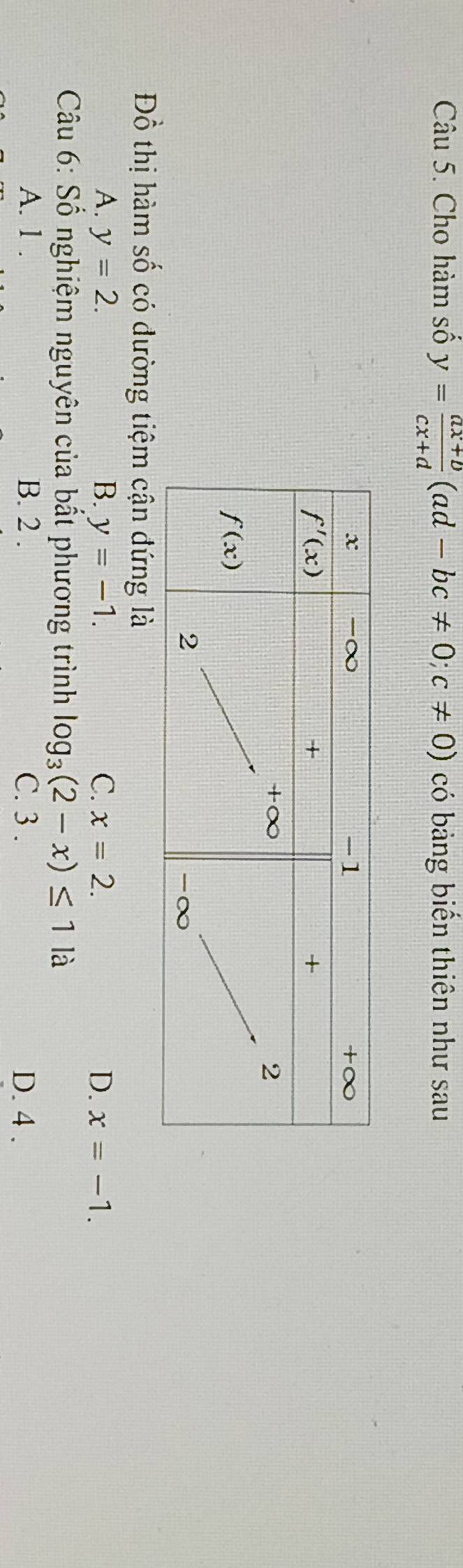 Cho hàm số y= (ax+b)/cx+d (ad-bc!= 0;c!= 0) có bảng biển thiên như sau
Đồ thị hàm số có đường tiệm cận đứng là
A. y=2. B. y=-1. C. x=2. D. x=-1.
Câu 6: Số nghiệm nguyên của bất phương trình log _3(2-x)≤ 1 là
A. 1 . B. 2 . C. 3 . D. 4 .