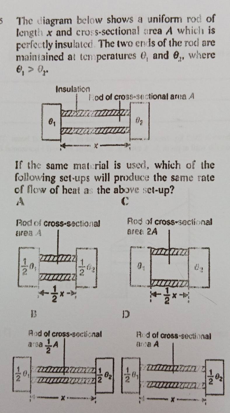 The diagram below shows a uniform rod of
length x and cross-sectional area A which is
perfectly insulated. The two ends of the rod are
maintained at temperatures θ _1 and θ _x , where
θ _1>θ _x.
If the same material is used, which of the
following set-ups will produce the same rate 
of flow of heat as the above set-up?
A
C

B
D