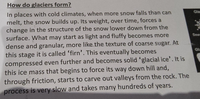 How do glaciers form? 
In places with cold climates, when more snow falls than can Gla 
melt, the snow builds up. Its weight, over time, forces a 
change in the structure of the snow lower down from the 
surface. What may start as light and fluffy becomes more Sno 
dense and granular, more like the texture of coarse sugar. At 
this stage it is called ‘firn’. This eventually becomes 
Gl 
compressed even further and becomes solid ‘glacial ice’. It is 
this ice mass that begins to force its way down hill and, 
through friction, starts to carve out valleys from the rock. The 
process is very slow and takes many hundreds of years.