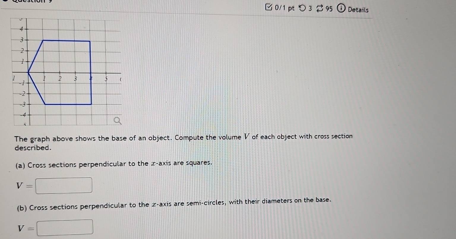 □ 0/1 pt つ 3 $ 95 Details 
The graph above shows the base of an object. Compute the volume V of each object with cross section 
described. 
(a) Cross sections perpendicular to the x-axis are squares.
V=□
(b) Cross sections perpendicular to the x-axis are semi-circles, with their diameters on the base.
V=□