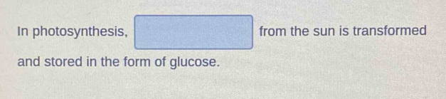 In photosynthesis, □ from the sun is transformed 
and stored in the form of glucose.