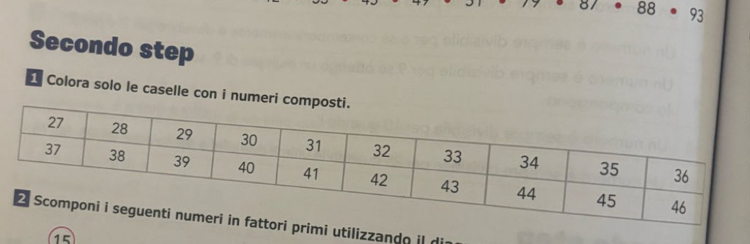 57· 88· 93
Secondo step 
1 Colora solo le caselle con i numeri co 
imi utilizzando il o
15