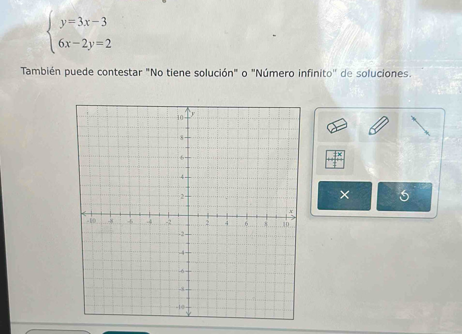 beginarrayl y=3x-3 6x-2y=2endarray.
También puede contestar "No tiene solución" o "Número infinito" de soluciones. 
×