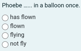 Phoebe _in a balloon once.
has flown
flown
flying
not fly