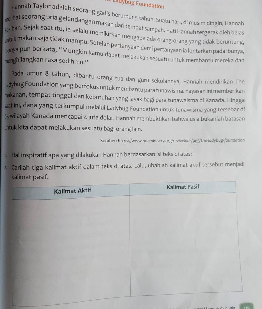 Ladybug Foundation 
Hannah Taylor adalah seorang gadis berumur 5 tahun. Suatu hari, di musim dingin, Hannah 
melihat seorang pria gelandangan makan dari tempat sampah. Hati Hannah tergerak oleh belas 
kasihan. Sejak saat itu, ia selalu memikirkan mengapa ada orang-orang yang tidak beruntung, 
utuk makan saja tidak mampu. Setelah pertanyaan demi pertanyaan ia lontarkan pada ibunya, 
ibunya pun berkata, “Mungkin kamu dapat melakukan sesuatu untuk membantu mereka dan 
menghilangkan rasa sedihmu.” 
Pada umur 8 tahun, dibantu orang tua dan guru sekolahnya, Hannah mendirikan The 
Ladybug Foundation yang berfokus untuk membantu para tunawisma. Yayasan ini memberikan 
makanan, tempat tinggal dan kebutuhan yang layak bagi para tunawaisma di Kanada. Hingga 
s ini, dana yang terkumpul melalui Ladybug Foundation untuk tunawisma yang tersebar di
65 wilayah Kanada mencapai 4 juta dolar. Hannah membuktikan bahwa usia bukanlah batasan 
untuk kita dapat melakukan sesuatu bagi orang lain. 
Sumber: https://www.ndcministry.org/revivekids/9g5/the-ladybug-foundation 
1. Hal inspiratif apa yang dilakukan Hannah berdasarkan isi teks di atas? 
2. Carilah tiga kalimat aktif dalam teks di atas. Lalu, ubahlah kalimat aktif tersebut menjadi