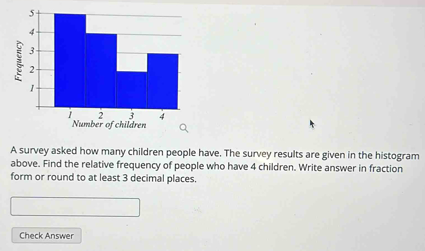 A survey asked how many children people have. The survey results are given in the histogram 
above. Find the relative frequency of people who have 4 children. Write answer in fraction 
form or round to at least 3 decimal places. 
Check Answer