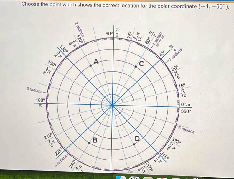 Choose the point which shows the correct location for the polar coordinate (-4,-60°).