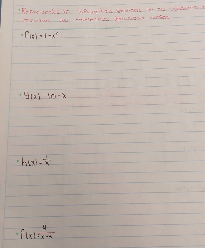 "Repreocata 1o sigulentes graficas en oo cooderno 4 
ecriba so reopectiva dominios y rengos
f(x)=1-x^2
g(x)=10-x
h(x)= 1/x 
i(x)= 4/x-4 