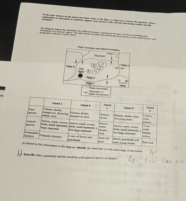 Write your answers in the spaces provided. Refer to the figure or diagrans to answer the question. Where 
examples. explanation or discussion is required, support your answers with relevant information and/or specific 
The diagram depiots the mainland, five different islands, a geological hot spot, and the surrounding plare 
geographic features of each island. 
boundaries in a tropical region. The table shows the plant and animal species present on each island and the mam 
lty 
plate moverent 
island that is in the latest stage of succession. 
Describe why a generalist species would be well suited to survive on Island E.