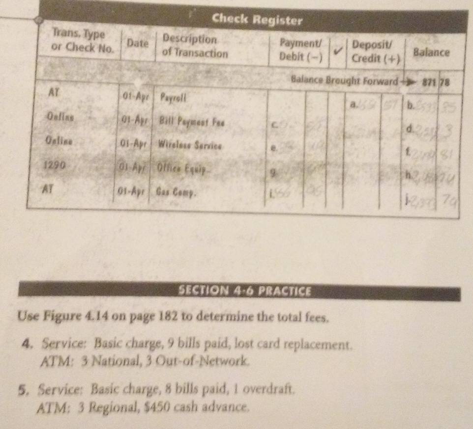 PRACTICE 
Use Figure 4.14 on page 182 to determine the total fees. 
4. Service: Basic charge, 9 bills paid, lost card replacement. 
ATM: 3 National, 3 Out-of-Network. 
5. Service: Basic charge, 8 bills paid, 1 overdraft. 
ATM: 3 Regional, $450 cash advance.