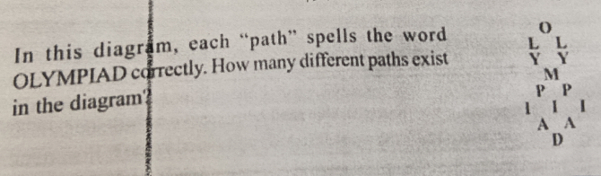 In this diagram, each “path” spells the word 
OLYMPIAD correctly. How many different paths exist 
in the diagram?
beginarrayr  1/2   L/2  1/3 r^(1r)