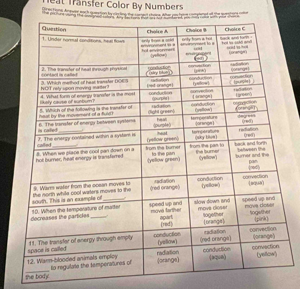 Teat Transfer Color By Numbers 
Directions Answer each question by circling the carrect chaire. After you have campleted all the questions color 
the picture using th 
the body.