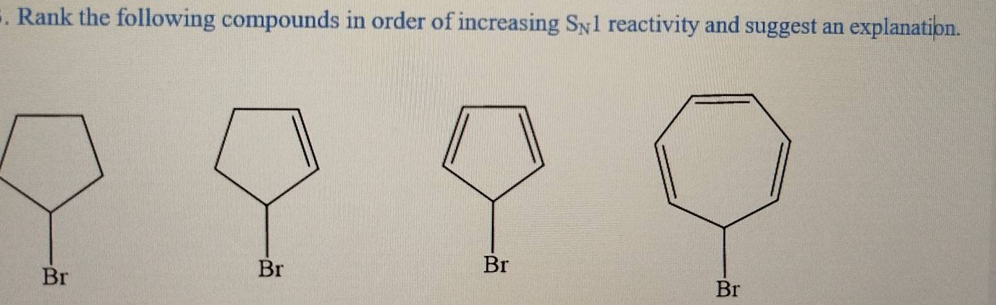 Rank the following compounds in order of increasing S_N1 reactivity and suggest an explanation.
Br
Br
Br
Br