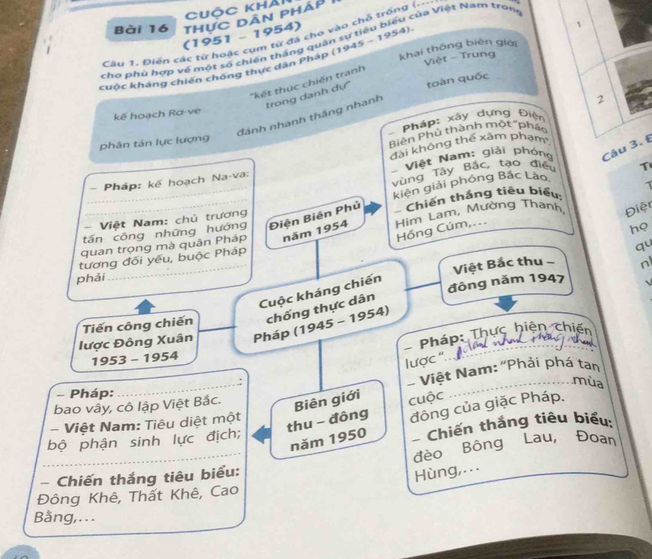 Cuộc khải 
Bài 16 thực dân pháp 
(1951 - 1954) 
1 
Câu 1. Điển các từ hoặc cụm từ đã cho vào chỗ trống (... 
cho phù hợp về một số chiến thắng quần sự tiểu biểu của Việt Nam trong 
khai thông biên giớ 
Việt - Trung 
cuộc kháng chiến chống thực dân Pháp (1945 - 1954) 
toàn quốc 
'kết thúc chiến tranh 
trong danh dự 
2 
kế hoạch Rơ-ve 
đánh nhanh thắng nhanh 
Pháp: xây dựng Điện 
phân tán lực lượng 
Biên Phủ thành một "phác 
đài không thể xâm phạm', 
* Việt Nam: giải phóng Câu 3. 
vùng Tây Bắc, tạo điều 
T 
Pháp: kế hoạch Na-va: 
kiện giải phóng Bắc Lào 
tấn công những hướng Điện Biên Phủ Chiến thắng tiêu biểu: 
- Việt Nam: chủ trương 
họ 
quan trọng mà quân Pháp năm 1954 Hìm Lam, Mường Thanh, Điện 
Hồng Cúm,... 
tương đối yếu, buộc Pháp 
qu 
_ 
Việt Bắc thu 
n 
phải 
Cuộc kháng chiến 
Tiến công chiến chống thực dân đông năm 1947 
lược Đông Xuân Pháp (1945 - 1954)_ 
Pháp: Thực hiện chiến 
1953 - 1954 
lược 
_ 
Việt Nam: "Phải phá tan 
mùa 
- Pháp: 
bao vây, cô lập Việt Bắc. 
Biên giới cuộc 
thu - đông đông của giặc Pháp. 
- Việt Nam: Tiêu diệt một 
_ 
năm 1950 - Chiến thắng tiêu biểu: 
bộ phận sinh lực địch; 
đèo Bông Lau, Đoan 
- Chiến thắng tiêu biểu: 
Hùng,... 
Đông Khê, Thất Khê, Cao 
Bằng,...